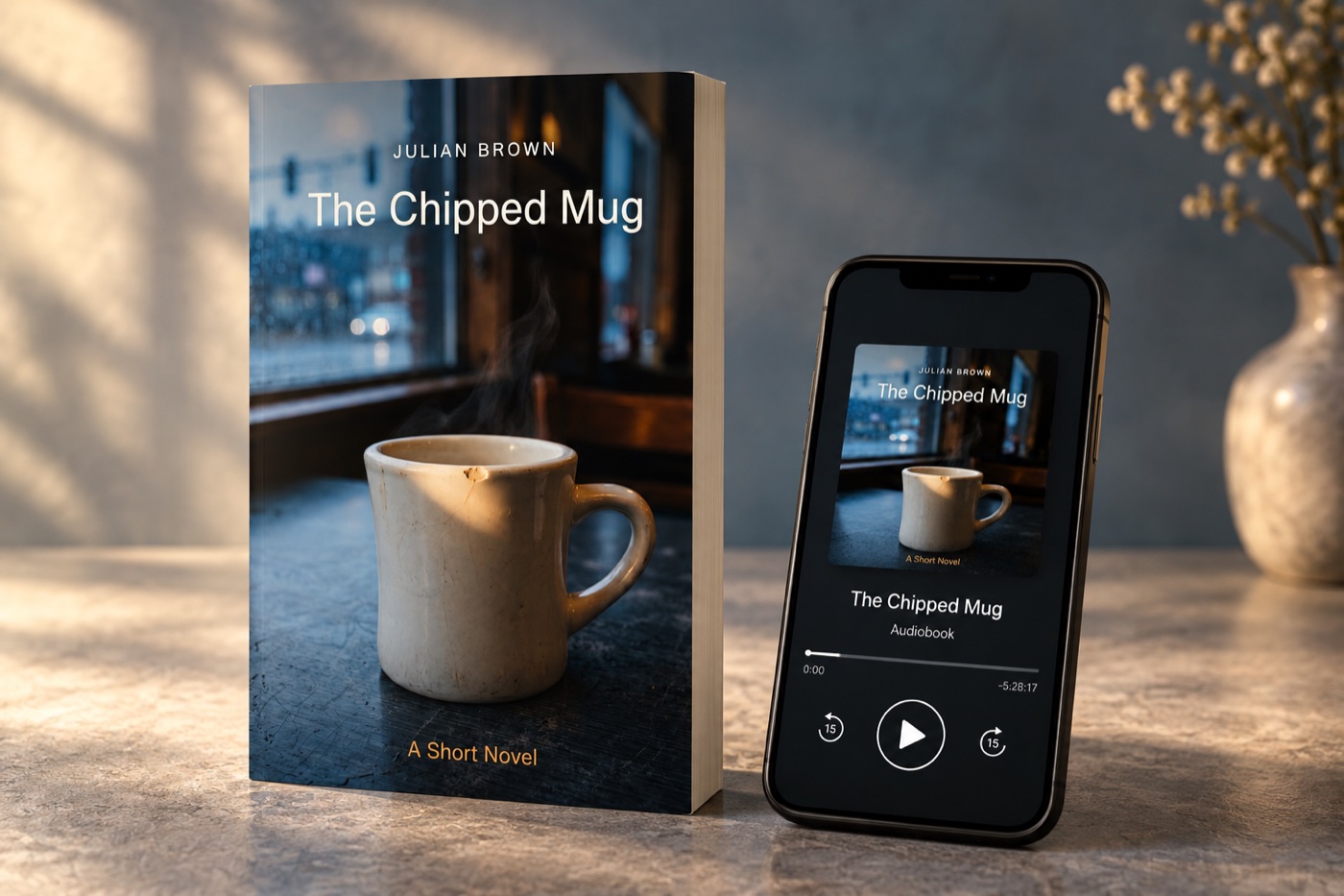 The Chipped Mug paperback beside a phone displaying the audiobook