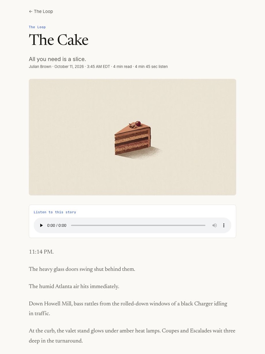 The Cake · full story and audio player, captured at 1440px desktop width
