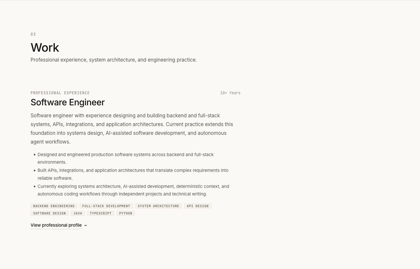 A distinct professional Work section, captured at 1440px desktop width
