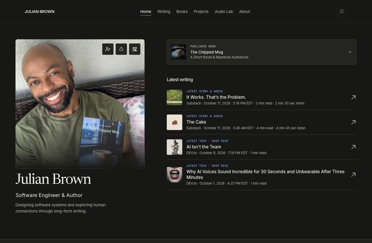 The same editorial foundation in dark mode, captured at 1440px desktop width
