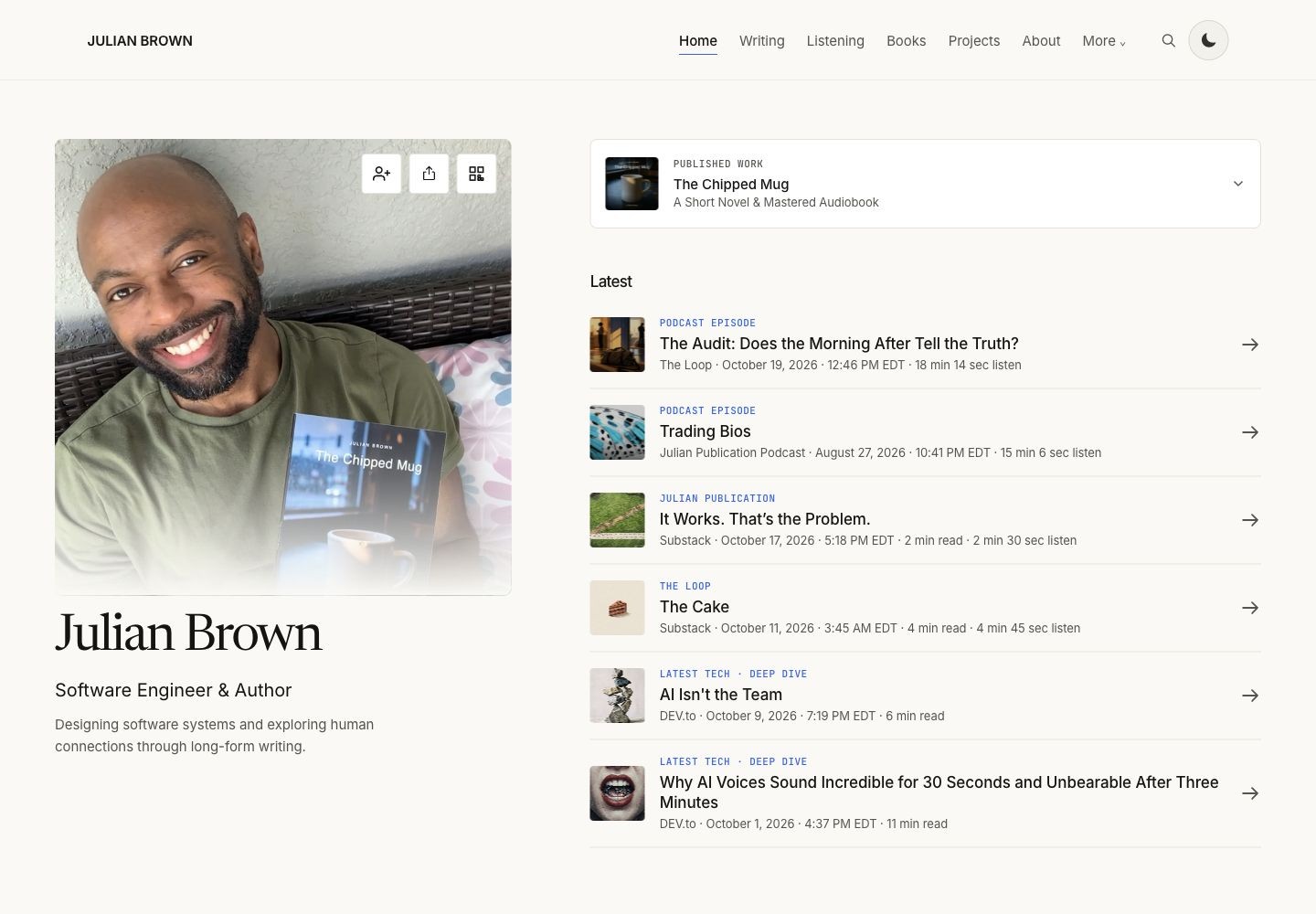 The homepage bringing the work together, captured at 1440px desktop width
